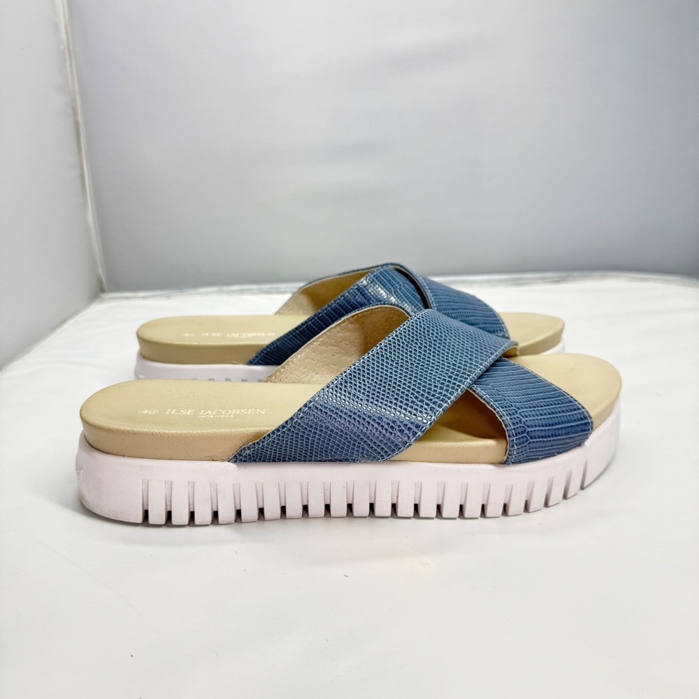Ilse Jacobsen Hornbaek Blue Lizard Print Platform Slide Sandals Size 40